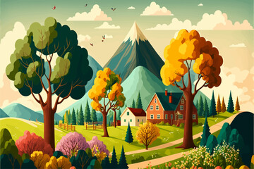 Nature and landscape, Vector illustration of trees, forest, mountains, flowers, plants, houses, fields, farms and villages, illustration for background, card or cover 