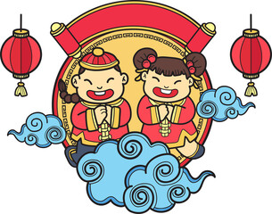Hand Drawn Chinese boy and girl smiling and happy illustration