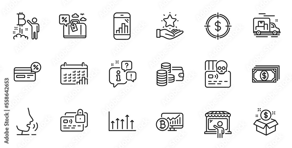 Poster outline set of growth chart, cyber attack and wallet line icons for web application. talk, informati