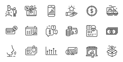 Outline set of Growth chart, Cyber attack and Wallet line icons for web application. Talk, information, delivery truck outline icon. Include Graph phone, Cashback, Card icons. Vector