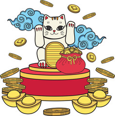 Hand Drawn lucky cat with money illustration