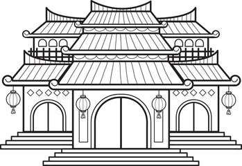 Hand Drawn Chinese building or temple illustration