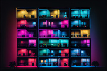 Building facade with the windows lighted in different colors, generative AI