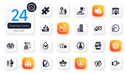Set of Business flat icons. Hold box, Budget accounting and Confirmed elements for web application. Market location, Winner flag, Phone survey icons. Discount, Security, Buildings elements. Vector