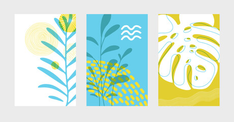 Fototapeta premium Abstract background set with hand drawn plants silhouettes and geometric shapes. Decor wall prints, flyer or menu design. Vector Template background set.