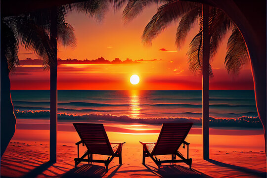 Sunset at the beach with two hammocks oriented to the setting sun, ideal for romantic holiday backgrounds, generative AI