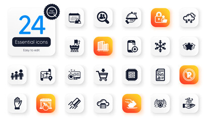 Set of Business flat icons. Hand, Laureate medal and Snowflake elements for web application. Heart, Shield, Business hierarchy icons. No parking, Lock, Restaurant food elements. Vector