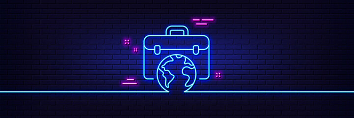 Neon light glow effect. Global business line icon. Businessman case sign. Internet marketing symbol. 3d line neon glow icon. Brick wall banner. Businessman case outline. Vector