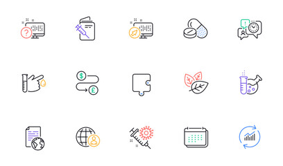 Calendar, Web system and Money transfer line icons for website, printing. Collection of Time management, Medical drugs, Vaccination passport icons. Chemistry lab, Blood donation. Vector