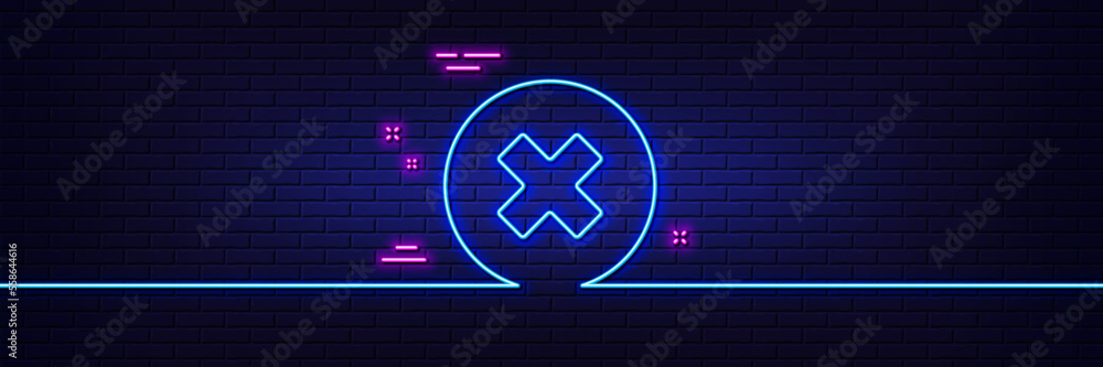 Poster neon light glow effect. delete line icon. remove sign. cancel or close symbol. 3d line neon glow ico