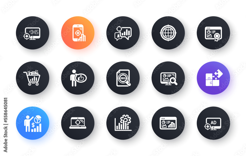 Poster seo icons. increase sales, business strategy and search optimization. analytics classic icon set. ci