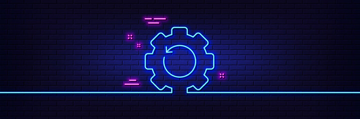Neon light glow effect. Recovery gear line icon. Backup data sign. Restore information symbol. 3d line neon glow icon. Brick wall banner. Recovery gear outline. Vector