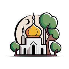Flat style Muslim mosque isolated on white background.Vector illustration cartoon design.Beautiful muslim temple icon illustration.Eid Mubarak greetings.Ramadan Kareem.