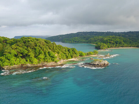 Aerial view coastline of Principe and Bom Bom, Sao Tome and Principe