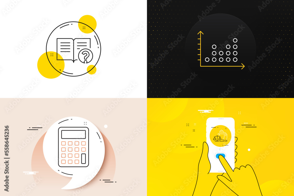 Poster minimal set of court jury, calculator and help line icons. phone screen, quote banners. dot plot ico