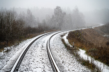 Fototapeta premium Winter landscape. Railway on a frosty morning