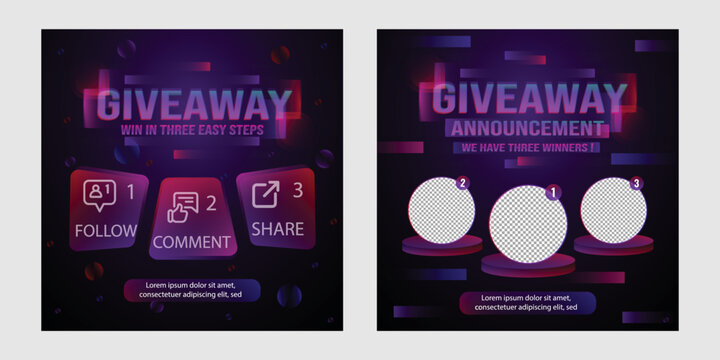 Giveaway quiz contest and announcement for social media feed. Vector template prize win competition with steps