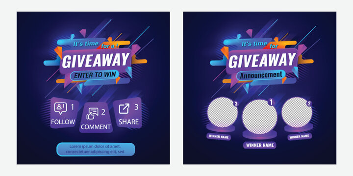 Giveaway quiz contest and announcement for social media feed. Vector template prize win competition with steps