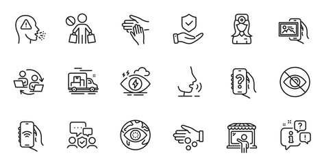 Outline set of Image album, Market seller and Volunteer line icons for web application. Talk, information, delivery truck outline icon. Include Security agency, Teamwork process, Stress icons. Vector