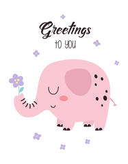 greeting card of cute elephant with gift flower