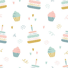happy birthday seamless pattern with cakes and muffins