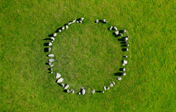 Swinside stone circle aka Sunkenkirk. Near Broughton in Furness, Cumbria. Neolithic. Aerial drone