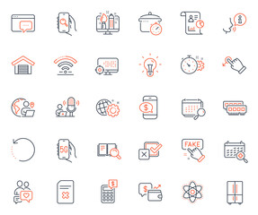Technology icons set. Included icon as Wifi, Calculator and Seo message web elements. Cogwheel timer, Seo, Fake information icons. Calendar, Idea, Report web signs. Outsource work. Vector