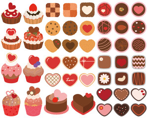 バレンタインのチョコレートとクッキーとケーキのセットハート多め