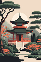 japan temple or asian pagoda, japanese traditional landmark with cherry blossom tree - obrazy, fototapety, plakaty