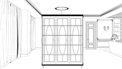 interior contour visualization, 3D illustration, sketch, outline