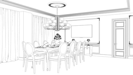 interior contour visualization, 3D illustration, sketch, outline