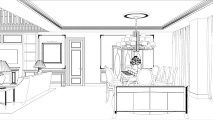 interior contour visualization, 3D illustration, sketch, outline