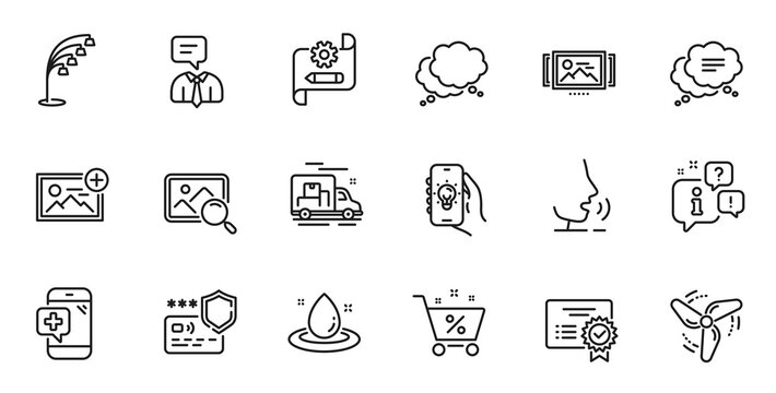 Outline set of Image carousel, Medical phone and Cogwheel blueprint line icons for web application. Talk, information, delivery truck outline icon. Vector