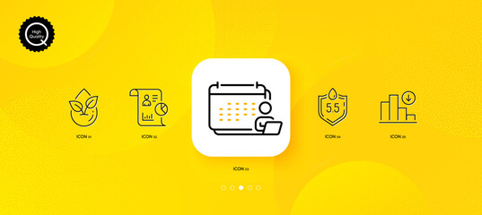 Fototapeta na wymiar Report, Accounting and Organic product minimal line icons. Yellow abstract background. Decreasing graph, Ph neutral icons. For web, application, printing. Vector