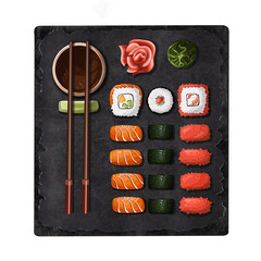 dish sushi set  gray tray wasabi restaurant