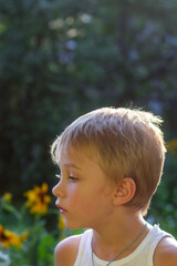 Portrait of a child in profile in the contoured sunlight on the background of a summer garden. The boy is a preschooler. The emotion of surprise
