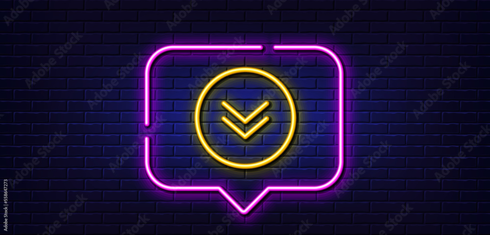 Poster neon light speech bubble. scroll down button line icon. scrolling screen sign. swipe page. neon ligh