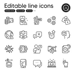 Set of Technology outline icons. Contains icons as Augmented reality, Work home and Online question elements. Locks, Touchscreen gesture, Time management web signs. Internet warning. Vector