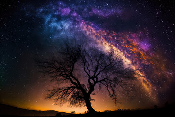 Stunning milky way shown in the background of a long exposure night sky shot showing a tree silhouette. Generative AI