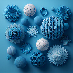 3D pattern of papercraft baubles on blue background