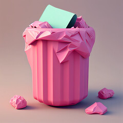 3D Rubbish Bin Concept with A Pink Rubbish Bin and Pink Paper Rubbish