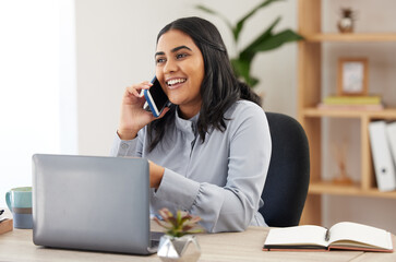 Phone call communication, laptop and woman talking, networking chat and working for ecommerce...