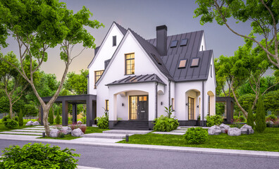 3d rendering of cute cozy white and black modern Tudor style house with parking  and pool for sale or rent with beautiful landscaping. Fairy roofs. Clear summer evening with cozy light from window