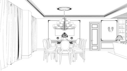 interior contour visualization, 3D illustration, sketch, outline