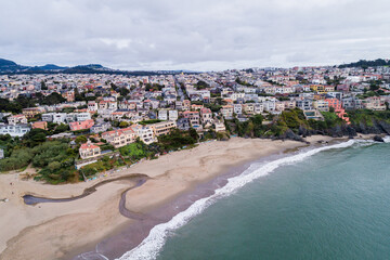 Sea Cliff area in San Francisco, California. USA. Baker Beach in Foreground. Drone Point of View.