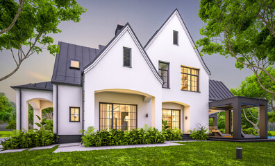 Fototapeta na wymiar 3d rendering of cute cozy white and black modern Tudor style house with parking and pool for sale or rent with beautiful landscaping. Fairy roofs. Clear summer evening with cozy light from window