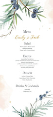 Watercolor vector hand painted wedding menu card template.