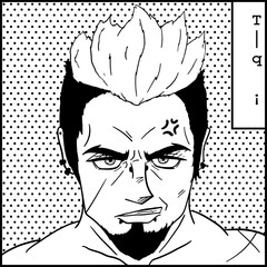 Anime poster. Man's face with vivid facial expression and big eyes in manga style and japanese symbols. Vector design for t-shirt print. Black and white character for tattoo design