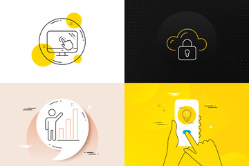 Minimal set of Cloud protection, Touch screen and Graph chart line icons. Phone screen, Quote banners. Swipe up icons. For web development. Storage security, Web support, Growth report. Vector