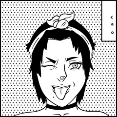 Girl's face with vivid facial expression and big eyes in manga style and japanese symbols. Black and white vector design for t-shirt print. Anime poster.